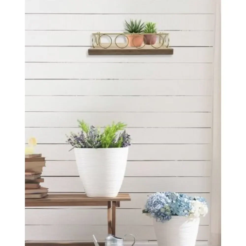 New View Circle Gold Rim Floating Shelf Light Wash Gold Wooden Base Easy Mount